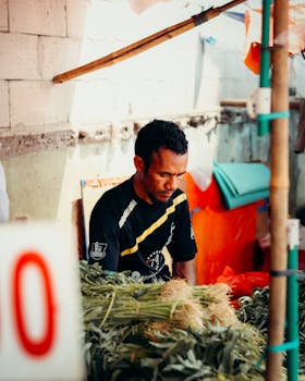 A man is selling vegetables at an outdoor market, illustrating daily market life.