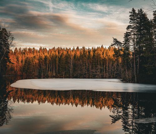 Free A tranquil frozen lake reflecting vibrant autumn trees under a colorful sky. Stock Photo