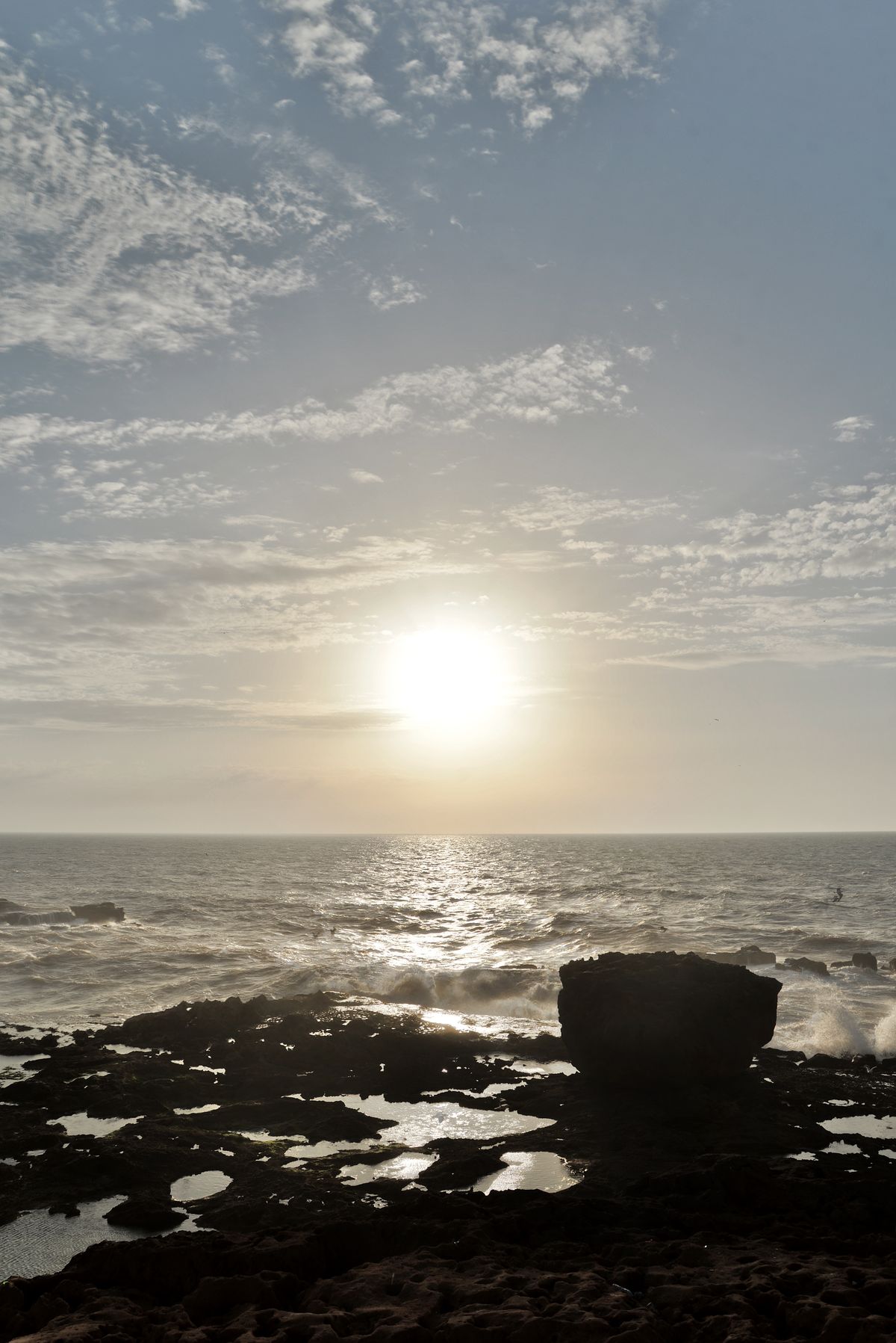 Rocky Atlantic coastline at sunset in Essaouira, Morocco