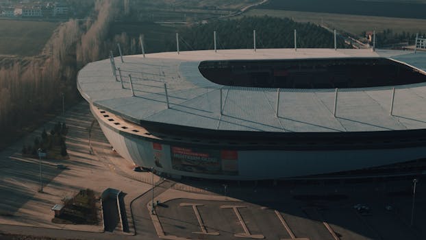 Overhead shot of a contemporary football stadium located in Eskişehir, Turkey.