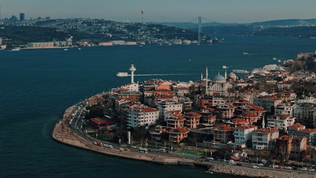 A stunning aerial view of Üsküdar with the Bosphorus Bridge in the background on a clear day.