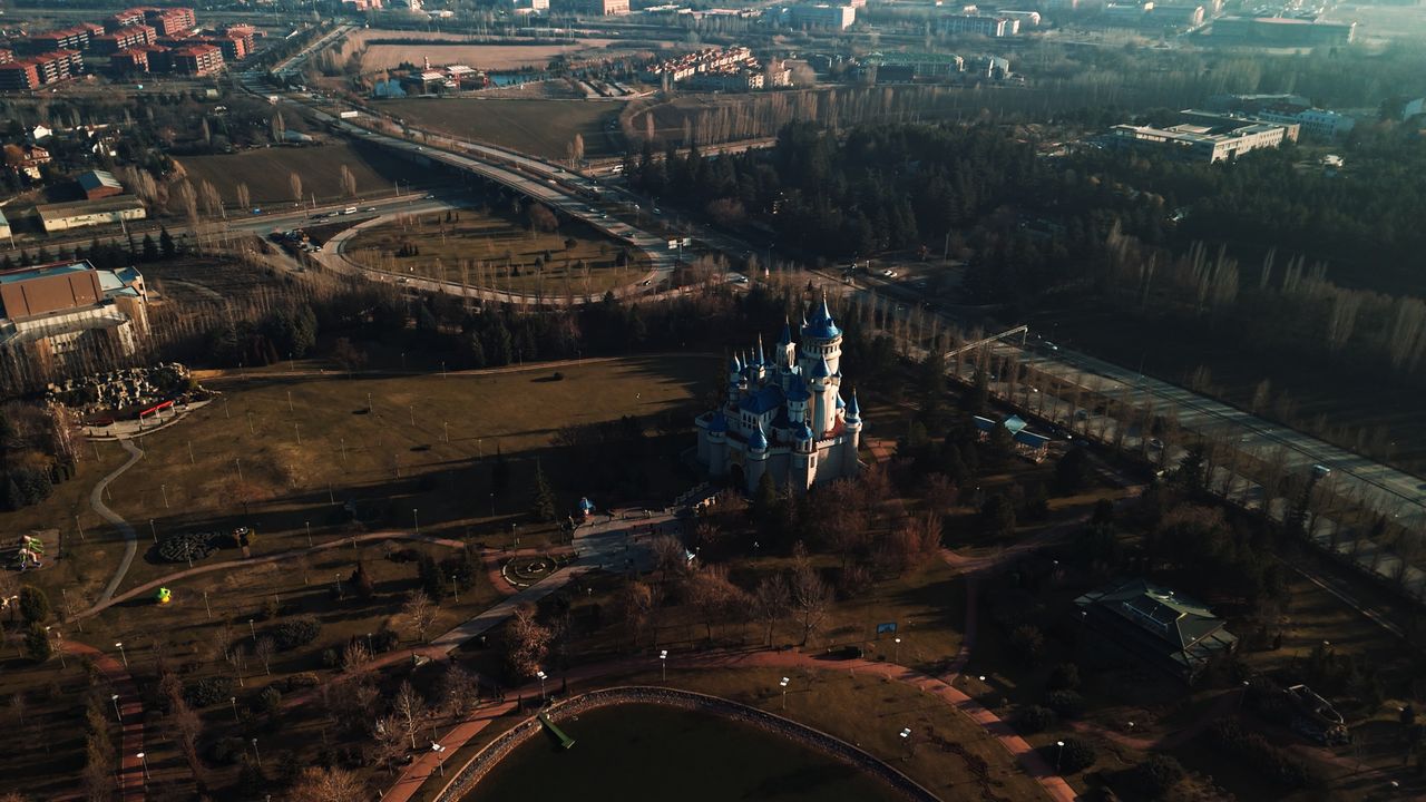 captivating aerial shot of the fairytale castle in sazova park eski eh