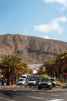 A scenic drive through a palm-lined street in the Canary Islands with mountains in the backdrop.