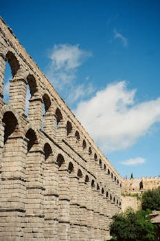 Capture of the ancient Roman aqueduct in Segovia, Spain against a clear blue sky.