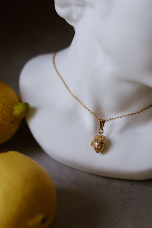 Free Golden lemon pendant on chain with fresh lemons, artistic styling and soft lighting. Stock Photo