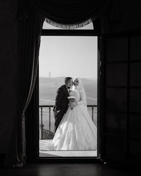 Stunning black and white wedding portrait capturing love and elegance.