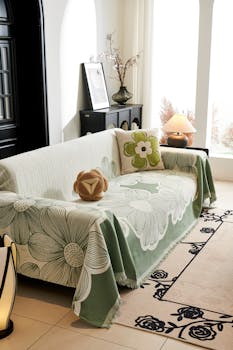 Stylish living room featuring a floral sofa cover and decorative cushions, bathed in natural light.
