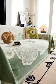 Stylish living room featuring a floral sofa cover, decorative pillows, and cozy atmosphere.