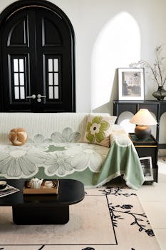 Warm and inviting living room featuring a floral sofa cover and stylish decor.