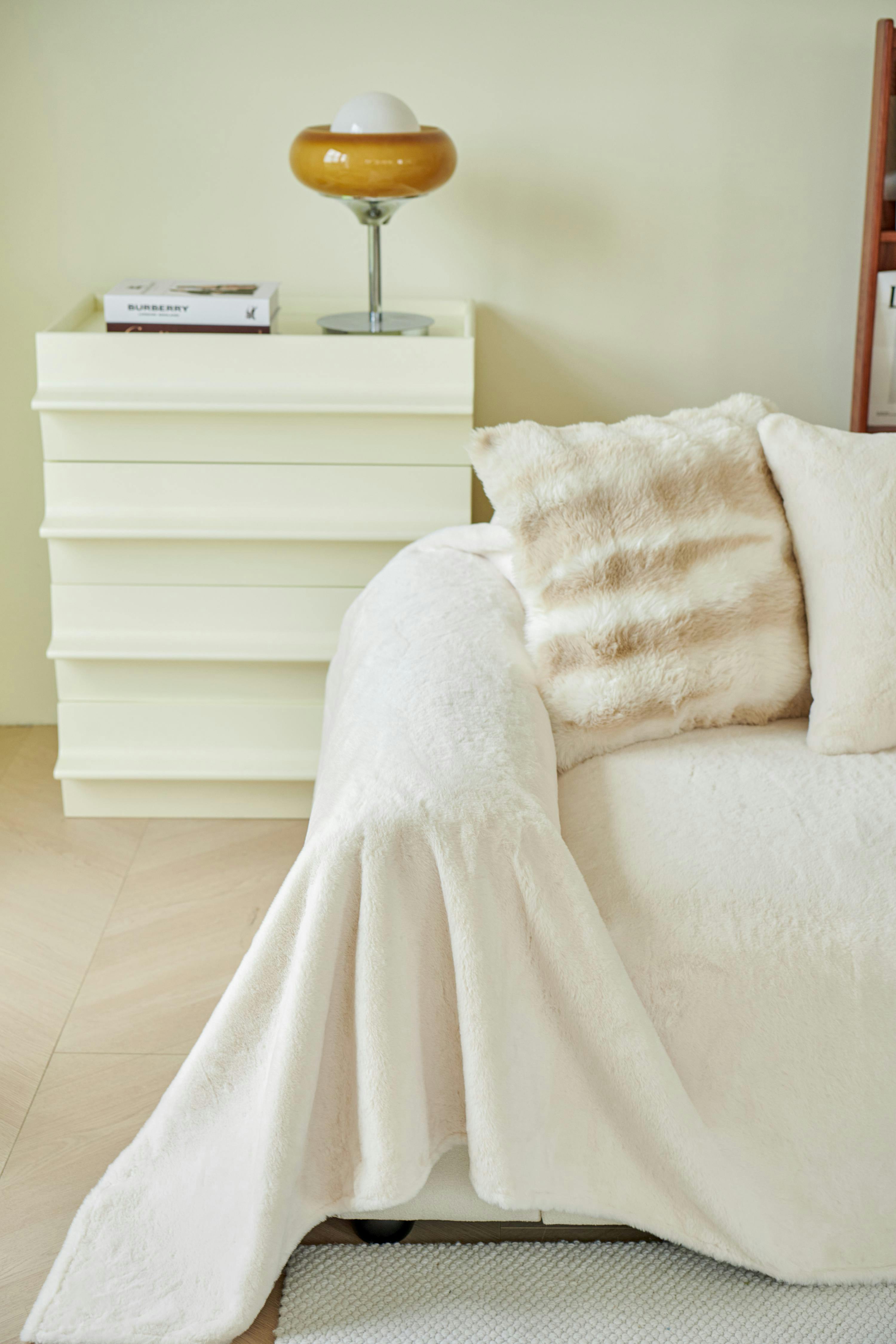 Minimalist living room showcasing a plush sofa with elegant covers, perfect for modern decor.