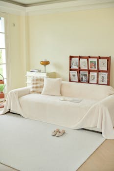 Cozy indoor living room with covered sofa, decor, and natural light.