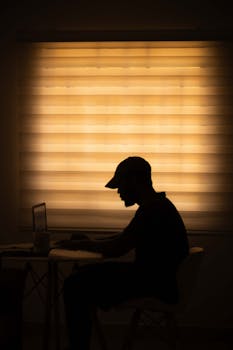 A silhouette of a man working on a laptop during sunset in a dimly-lit room with blinds.