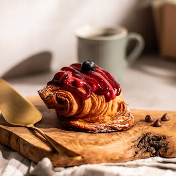 Flaky pastry topped with berry sauce in a cozy café setting. Perfect for food enthusiasts.