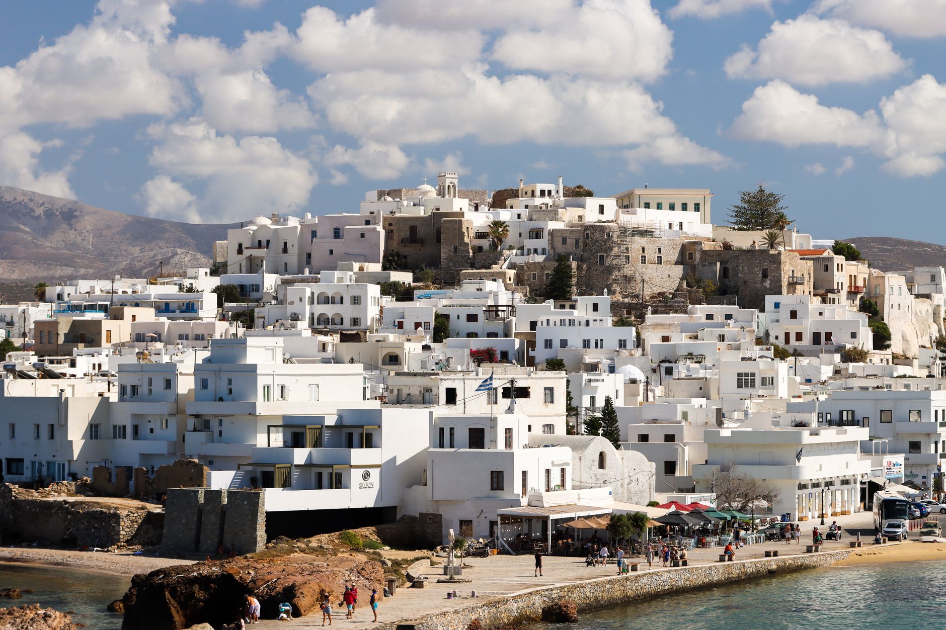 Naxos old town Chora with traditional white buildings at sunset