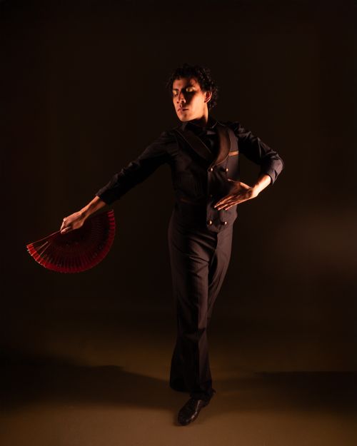 Free Elegant male dancer with red fan performing against a mocha backdrop. Stock Photo