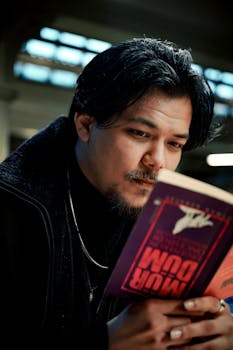 Focused man reading a book indoors, conveying concentration and interest.