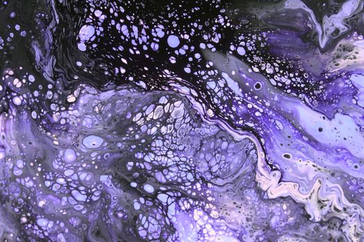 Intricate purple and black fluid art with swirling patterns and bubble-like details.