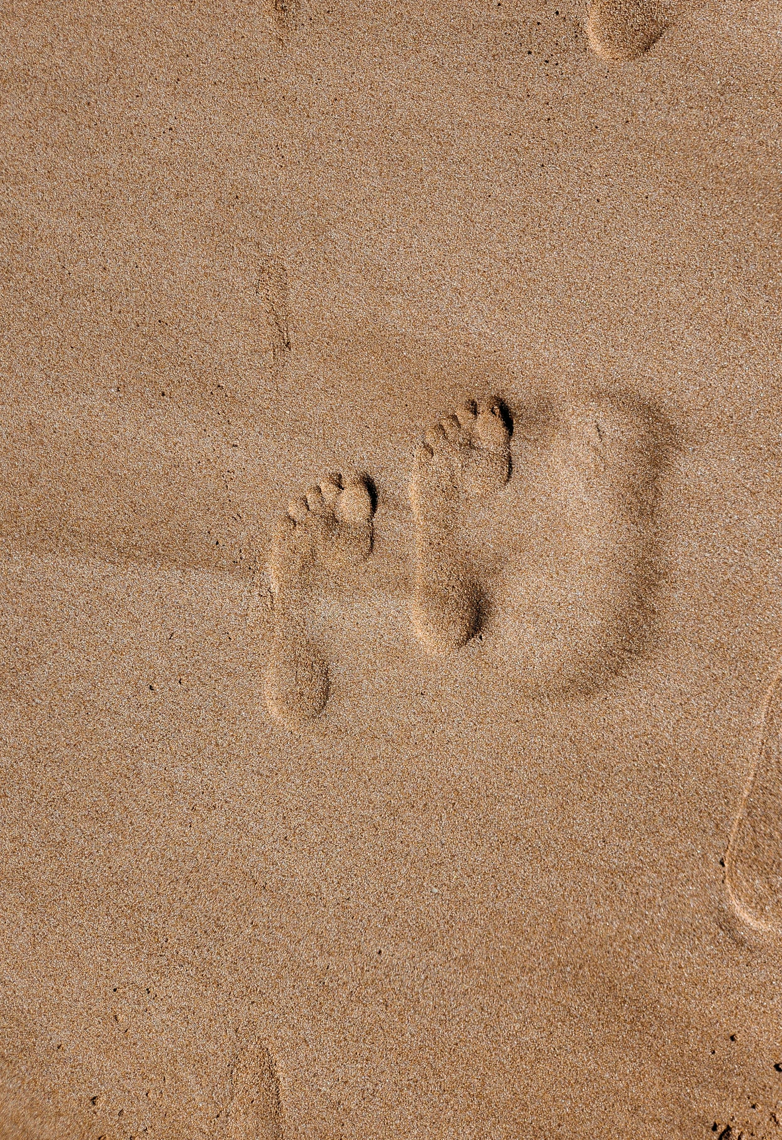 A pair of footprints in sandy beach of Casablanca, Morocco creates a serene coastal vibe.