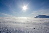 A vast snowy landscape under a bright sun in the Komi Republic, Russia.