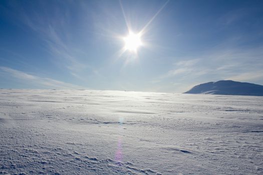 A vast snowy landscape under a bright sun in the Komi Republic, Russia.