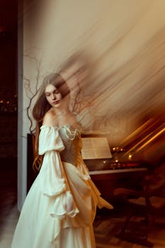 A timeless portrait of a woman in a vintage gown beside a piano, evoking elegance.