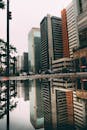 城市水坑中倒映着现代摩天大楼，展现了城市建筑