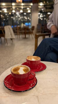 Two red cups of latte art in a cozy cafe setting. Perfect for coffee lovers.