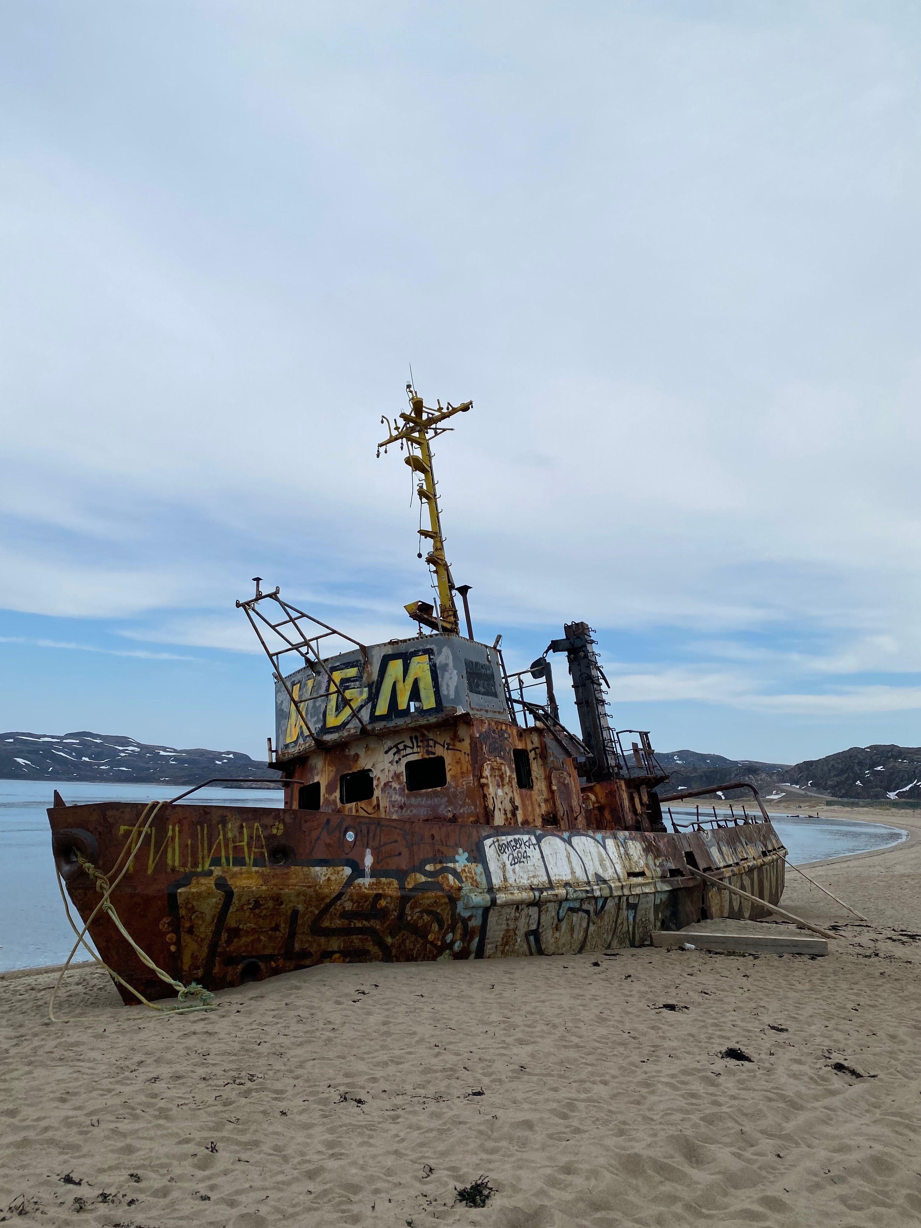 grátis Navio abandonado enferrujado com pichações em uma praia arenosa do Ártico sob um céu nublado. Foto profissional