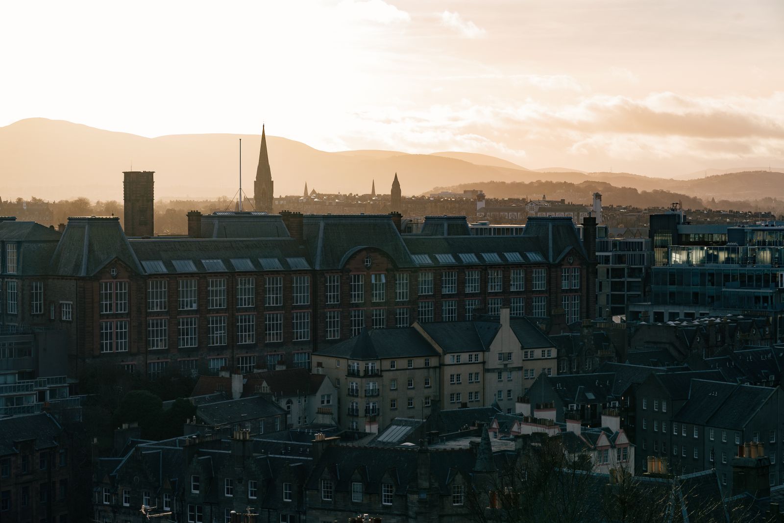 Edinburgh skyline with historic buildings at sunset