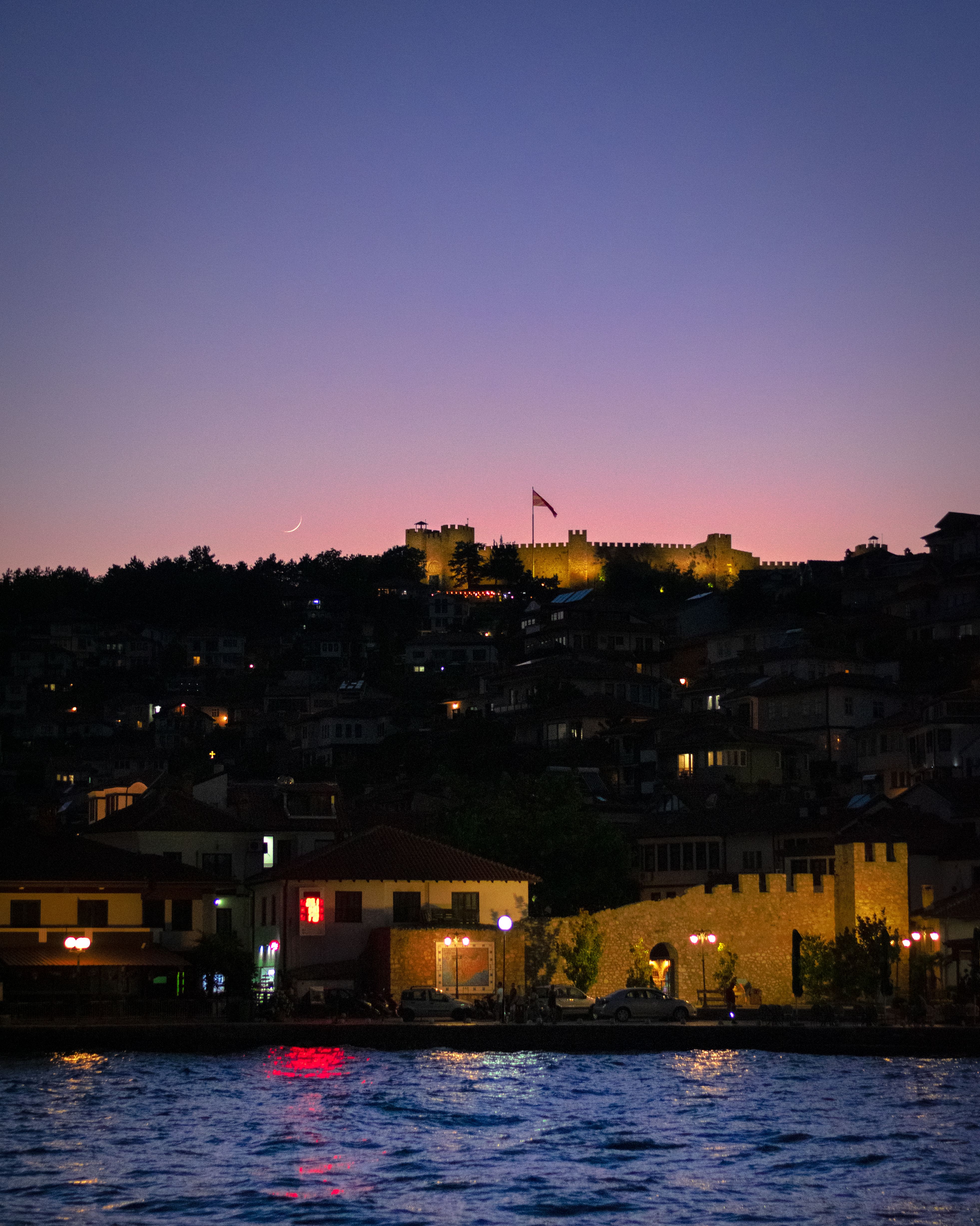 Sunset Over Ohrid with Samoil's Fortress and Crescent Moon · Free Stock ...