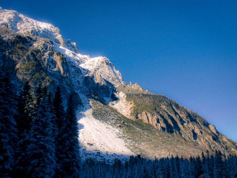 Stunning winter view of a snow-covered mountain range in Slovenia under a clear blue sky.