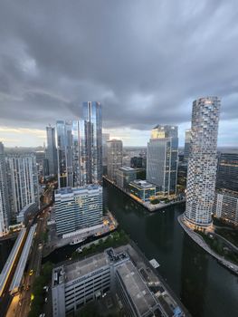 Stunning aerial shot of London's skyscrapers at dusk showcasing modern architecture.