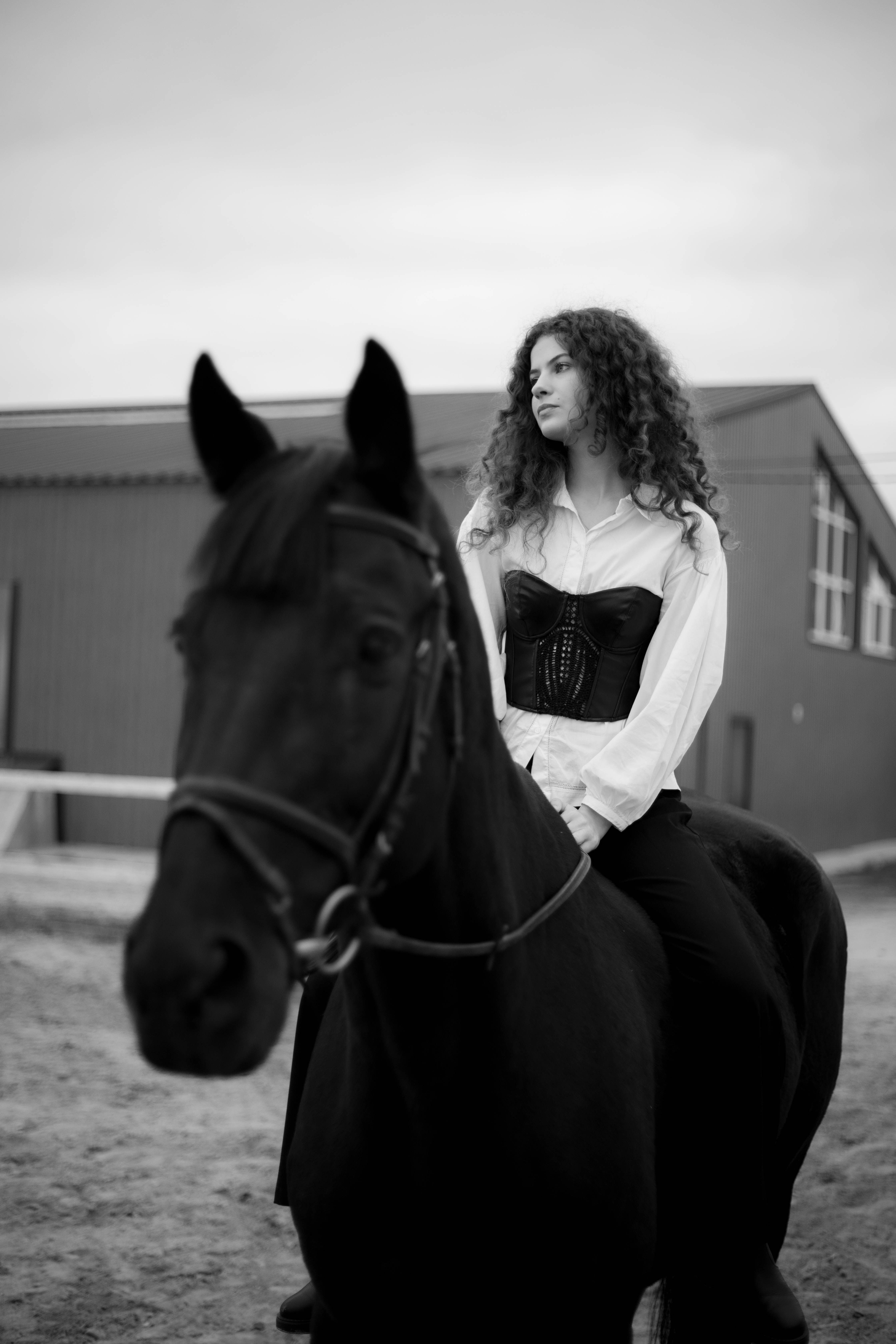 A woman elegantly riding a horse in an outdoor setting, monochrome style.
