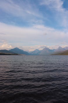 Tranquil scene of mountains and lake under a serene sky in Glacier National Park, Montana.