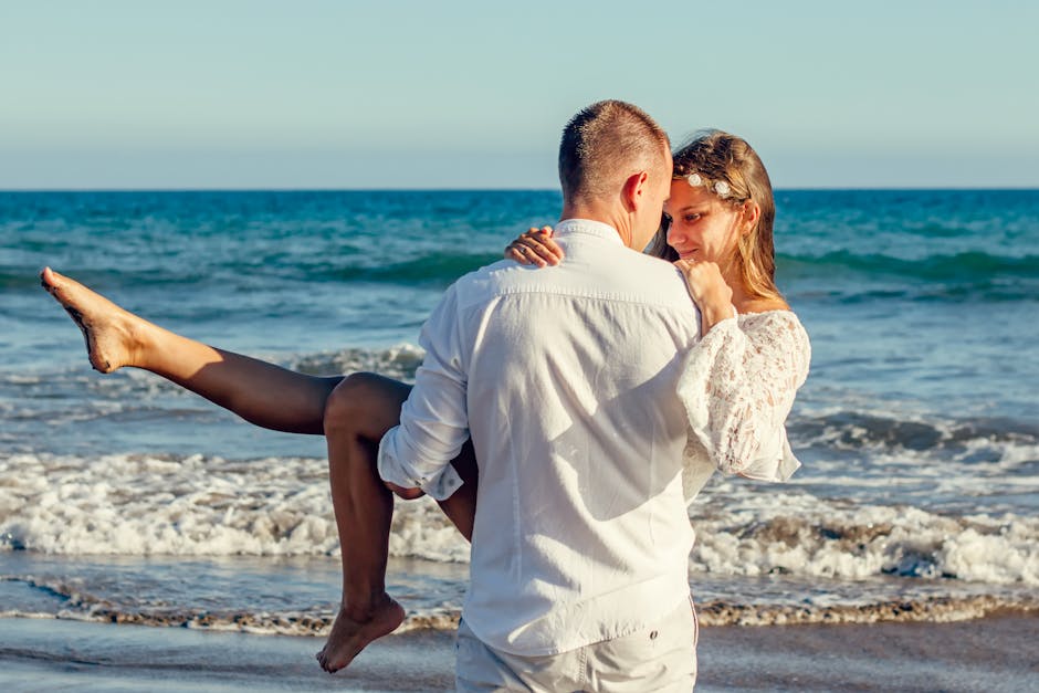 adults, beach, couple