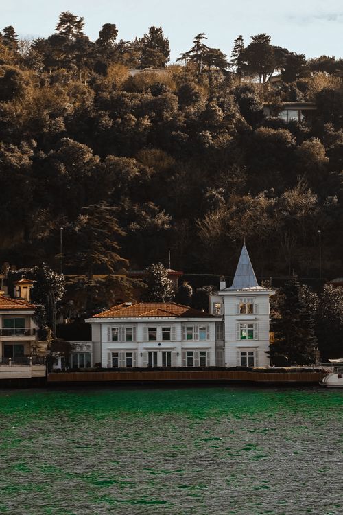 Free Charming villa by a forested hill, overlooked by a serene and vibrant green body of water. Stock Photo
