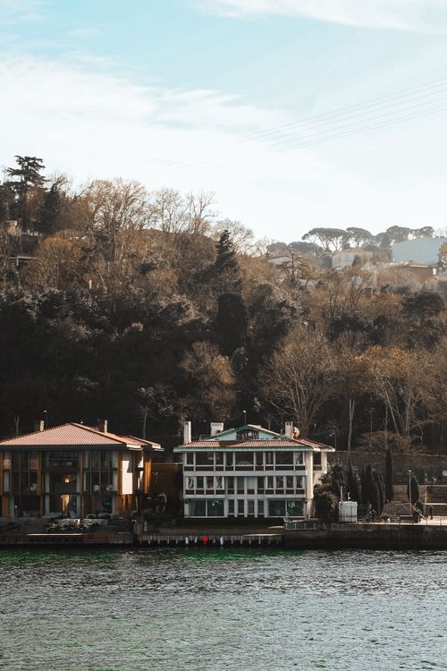 Free Two riverside houses with a forested hillside in the background under a bright sky. Stock Photo