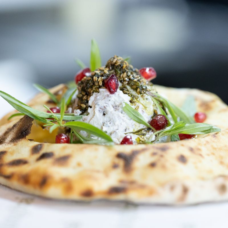 Sourdough Discard Charred Eggplant and Pomegranate Molasses Flatbread