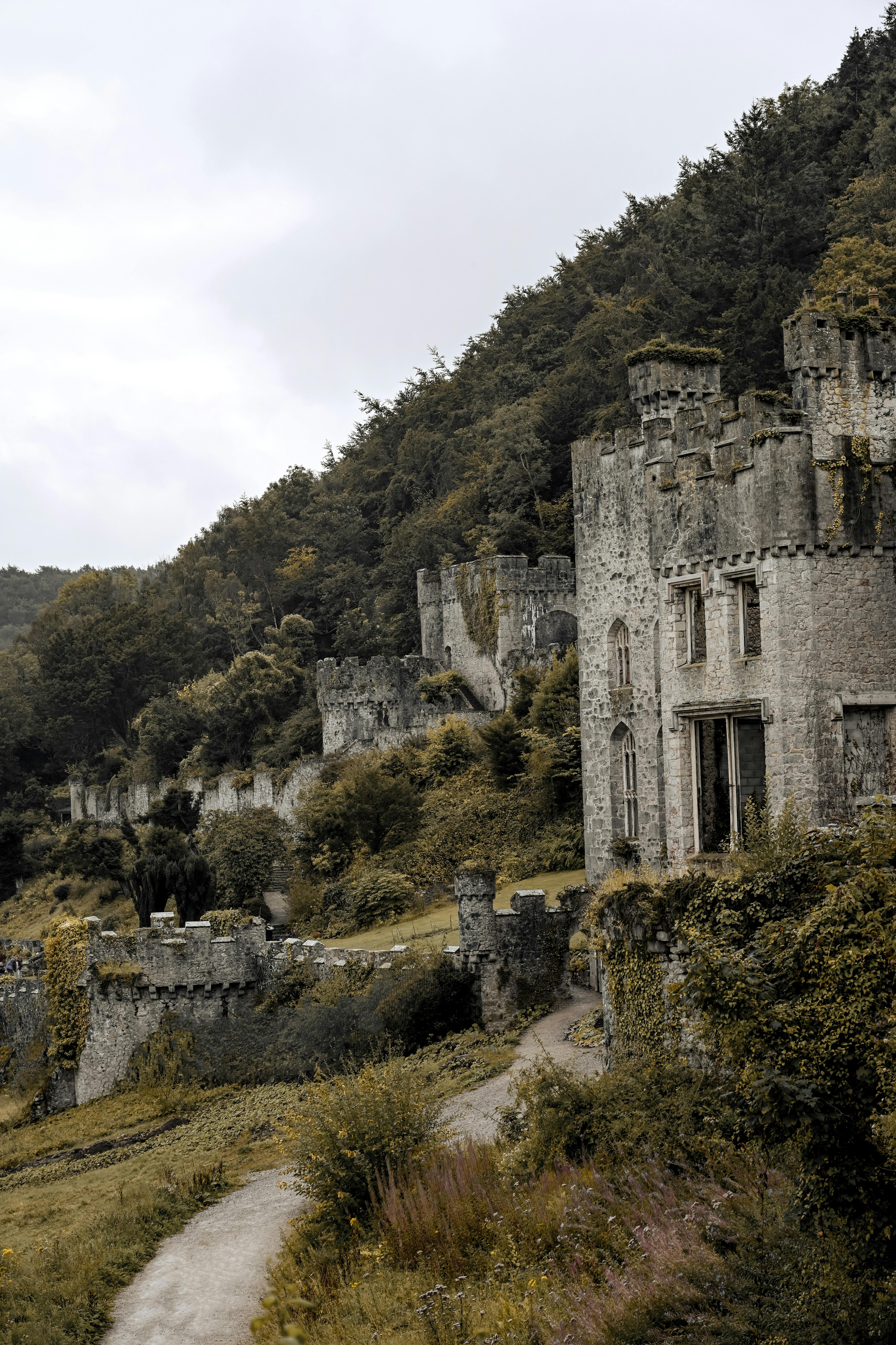 Explore the enchanting medieval castle ruins surrounded by lush greenery.