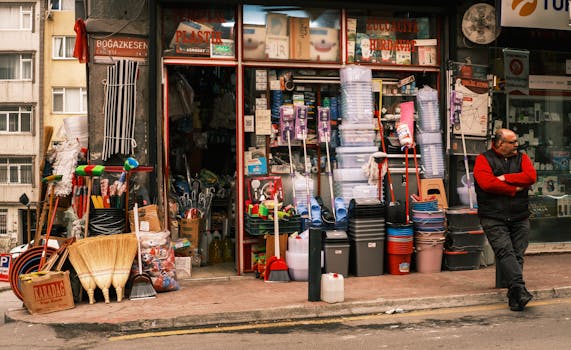 A bustling shopfront in İstanbul showcasing various cleaning supplies and household goods.