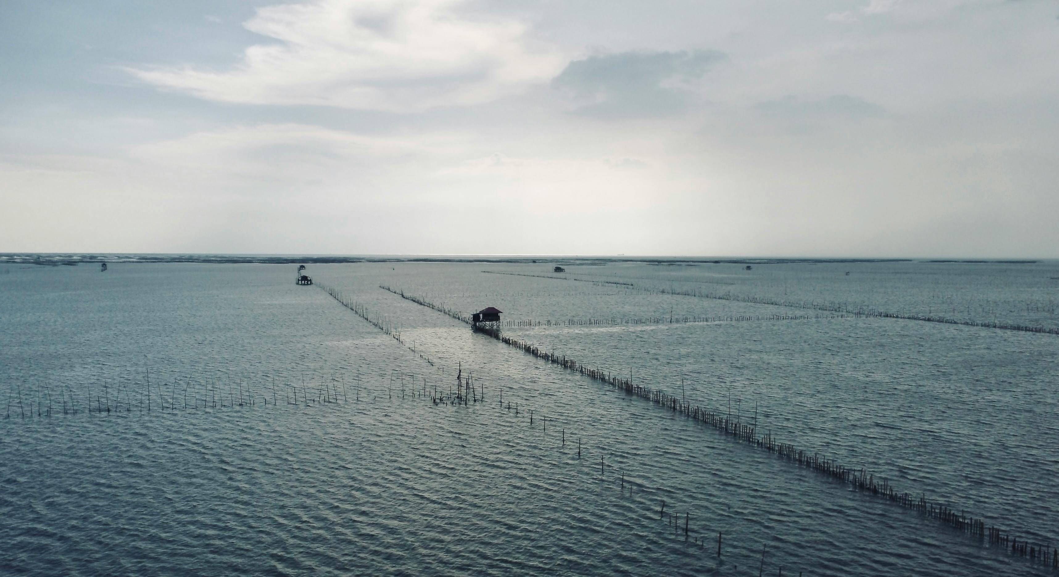 Aerial shot of fishing nets along the Chonburi coast in Thailand under a cloudy sky.