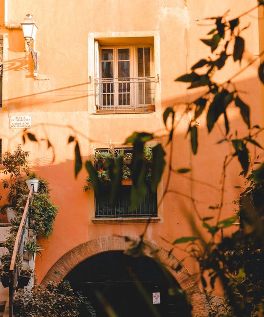 Beautiful orange facade with greenery, classic architecture in warm sunlight, Mediterranean feel.
