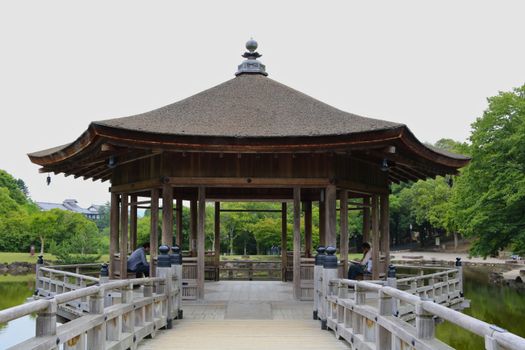 Serene wooden teahouse in Nara Park, surrounded by lush greenery and a tranquil pond.