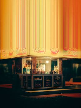 A vibrant illuminated snack stall in Kolkata captures the essence of nighttime street food culture.