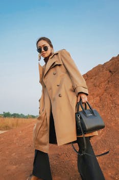 一位时尚女性穿着风衣、戴着太阳镜，在户外以蓝天为背景合影