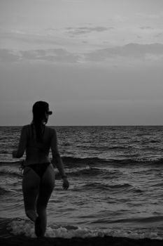 A silhouette of a woman walking along the beach against a twilight sky.