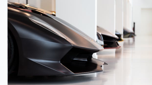 Row of sleek sports cars in a modern indoor showroom, highlighting luxury design.