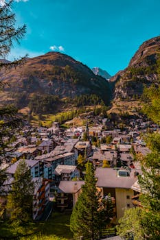 Charming view of Zermatt against the Swiss Alps, highlighting classic European architecture.