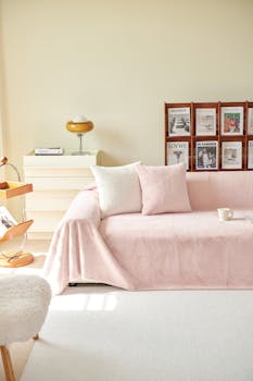 Inviting living room featuring a pink couch cover and stylish decor.