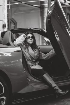 Elegant woman in sunglasses seated in a luxury car, exuding sophistication.